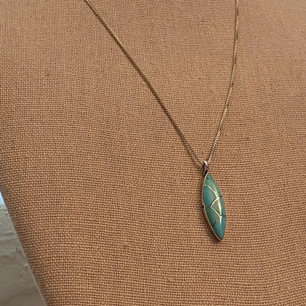 Native Turquoise and 925 Sterling Silver Inlay Pendant Necklace - Picture 2 of 9